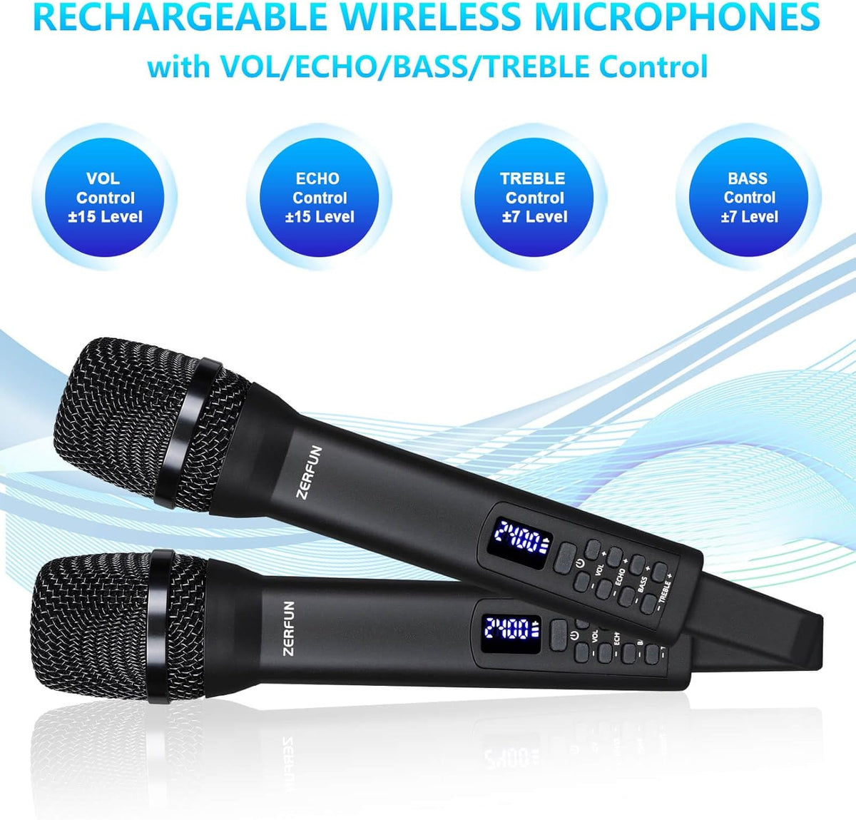 Rechargeable Wireless Microphones Dual, Pro Handheld Cordless Mics System Dynamic with Echo Treble