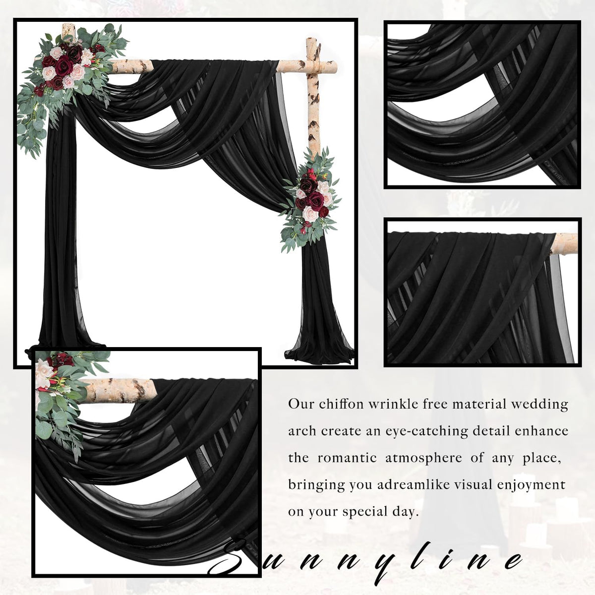 20Ft Length x 28" Width 2 Panels Wedding Arch Draping Fabric Black Arch Drapes Chiffon Fabric Sheer