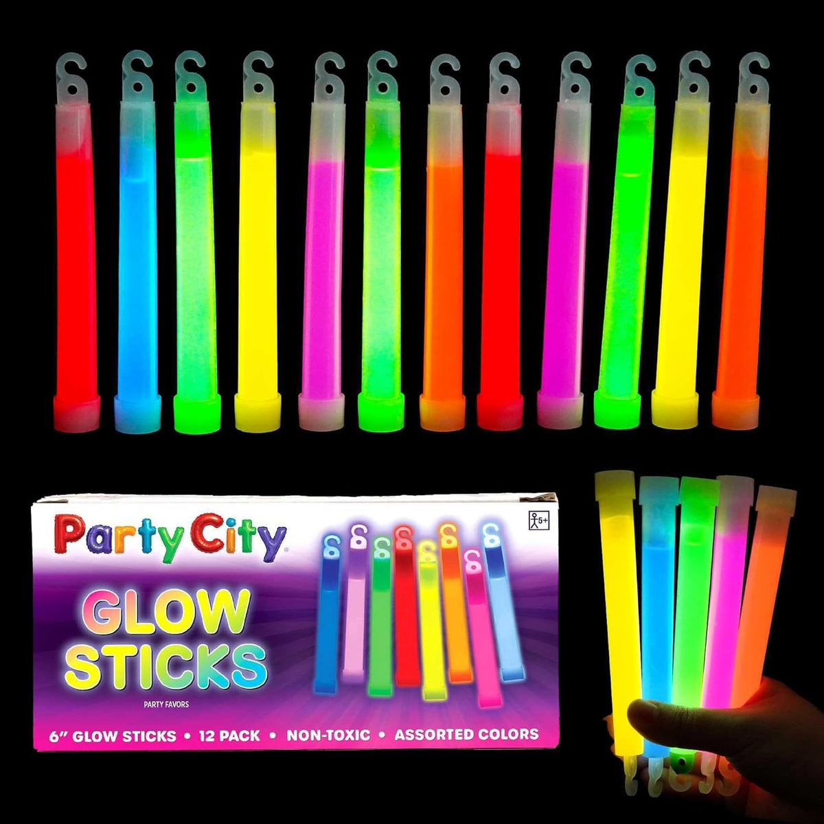 Party City Multicolor Glow Sticks Bulk Pack 6”- 12pk Glow in the Dark Sticks for Kids, Waterproof