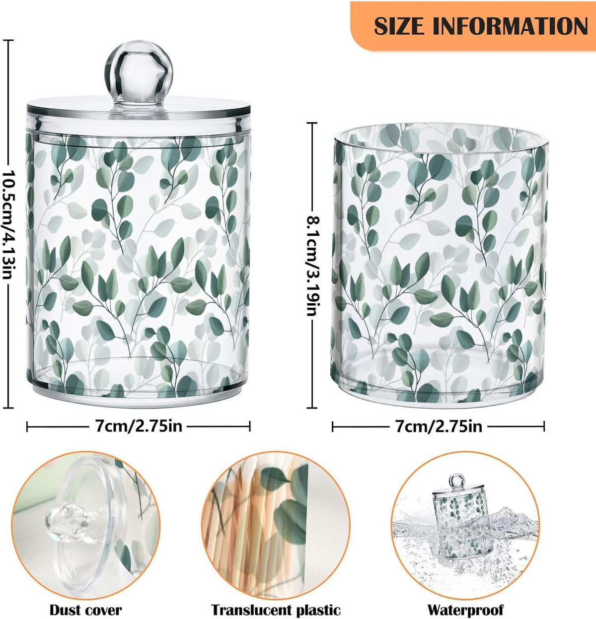 Qtip Holder Dispenser 2 Pack Green Watercolor Floral Leaves Apothecary Jars with Lids Bathroom