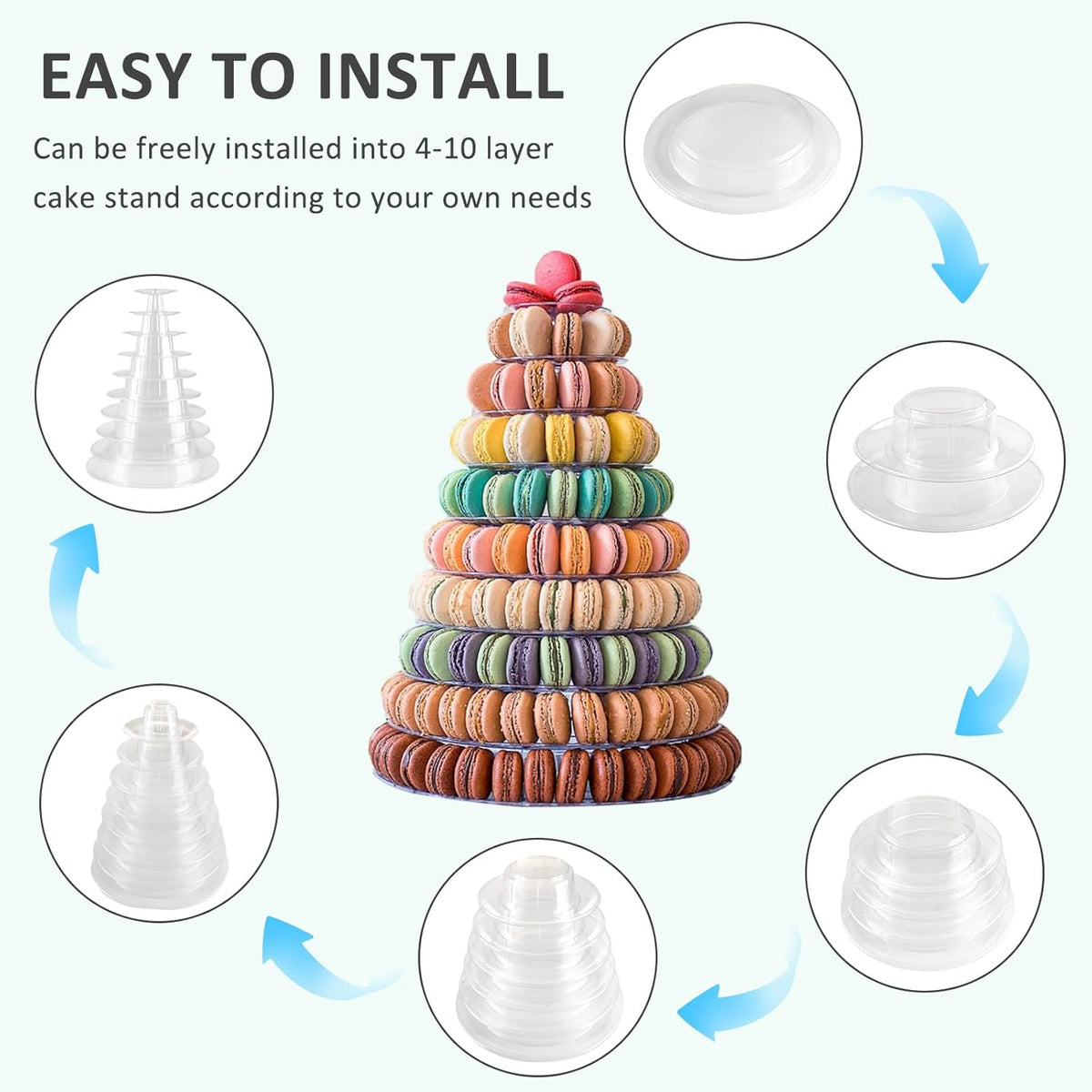 10 Tiers Macaroon Tower Stand with 8'' Silicone Tongs, Round Macaron Tower Cake Display Rack
