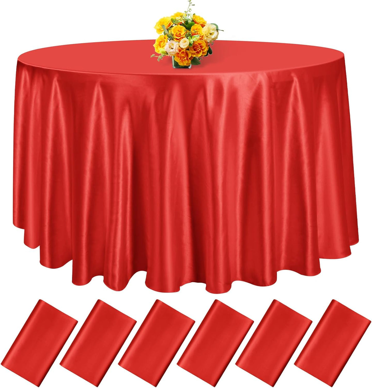 fani 6 Pack 120 Inch Red Satin Tablecloth - Premium Bright Silky Round Tablecloth Overlay Smooth