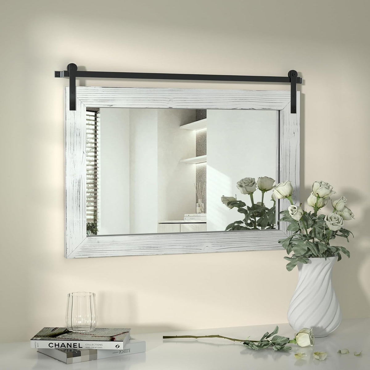 COGOOD Farmhouse Barn Door Mirror - 25 x 18 Rustic Wood Framed Decrative Mirror for Bathroom