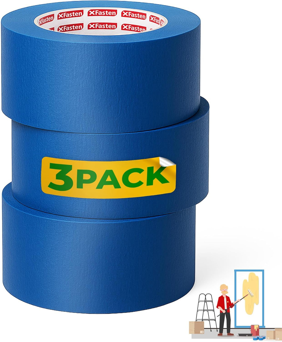 XFasten Blue Painters Tape 540 Feet 3 Inch X 60 Yards (3-Pack) Wide Painters Tape Blue Masking Tape