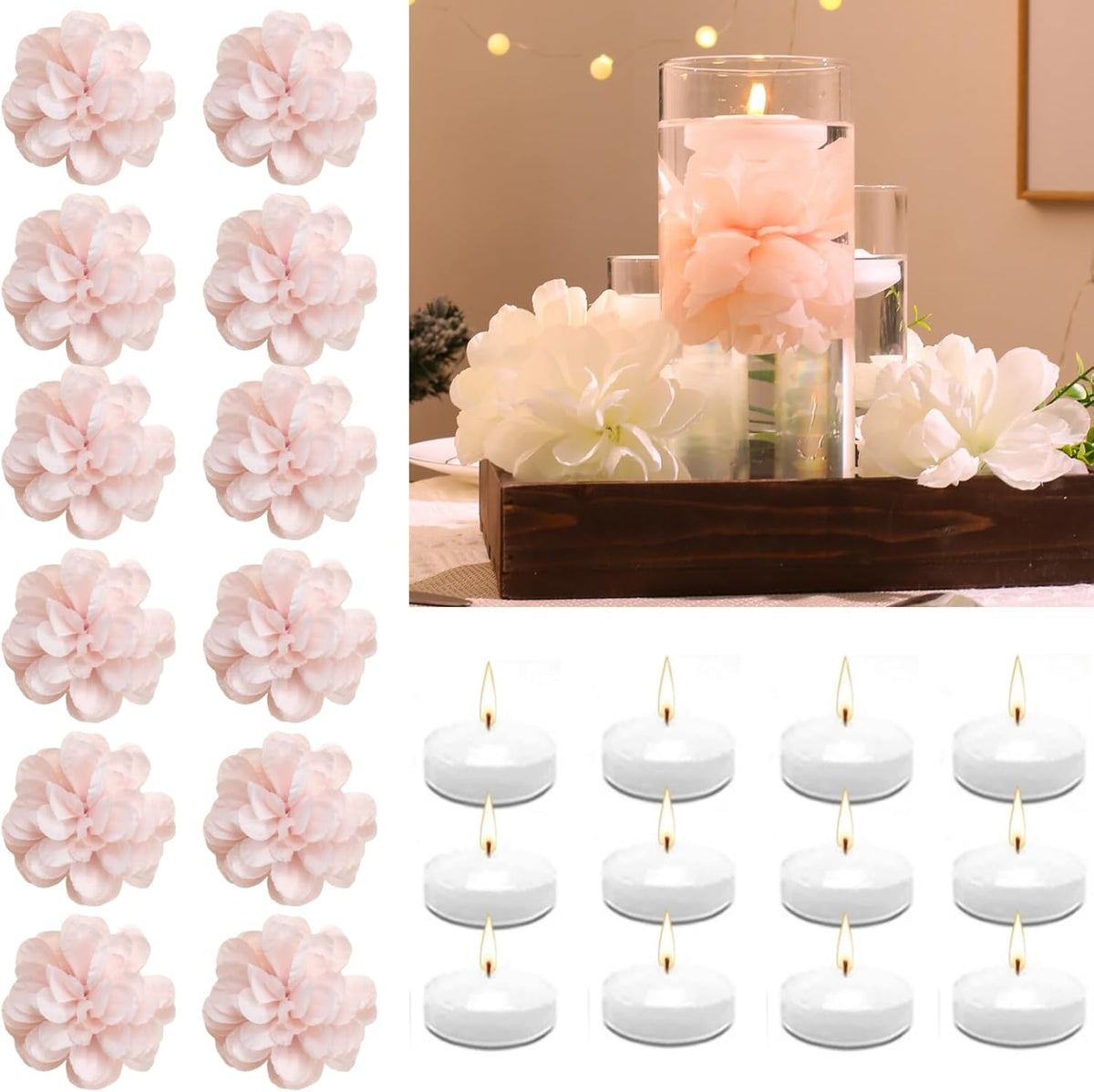 24 Pcs Floating Candles for Centerpieces and Floating Flowers Artificial Flowers Head Vase Filler