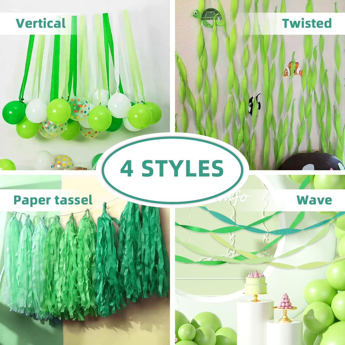 8 Pack Green White Crepe Paper Streamers Rolls, 656ft Party Streamers for Birthday Wedding Baby
