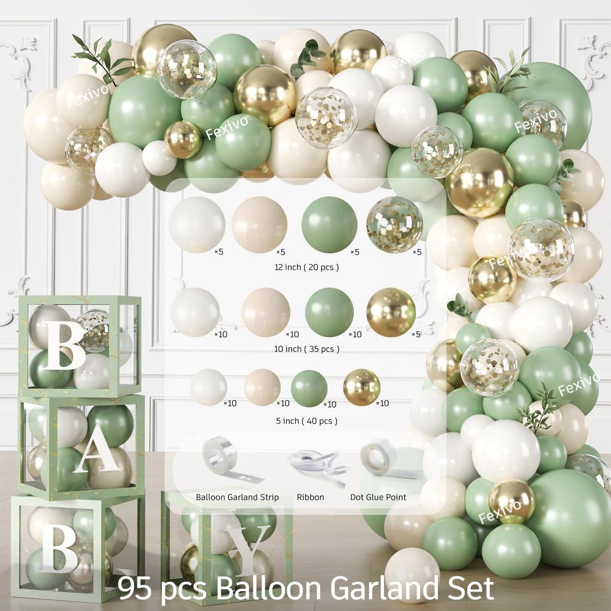 Fexivo Sage Green Baby Shower Decorations Set,Serves 25 Guests