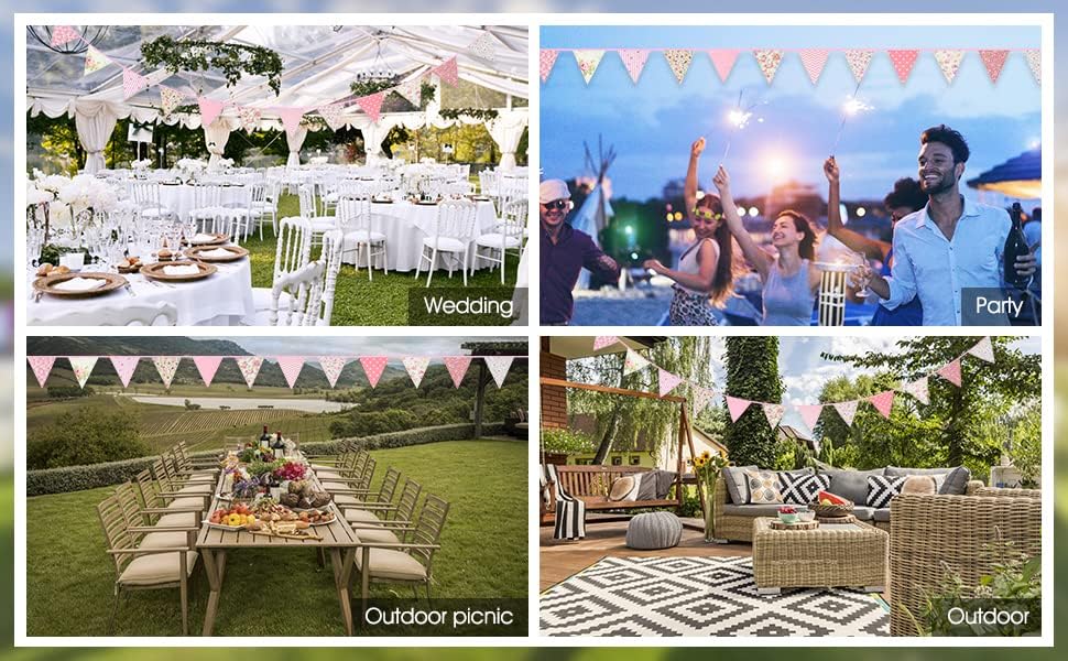 jijAcraft 39Ft Triangle Bunting Banner, 42Pcs Tea Floral Party Bunting Cotton Fabric Flags Pennant