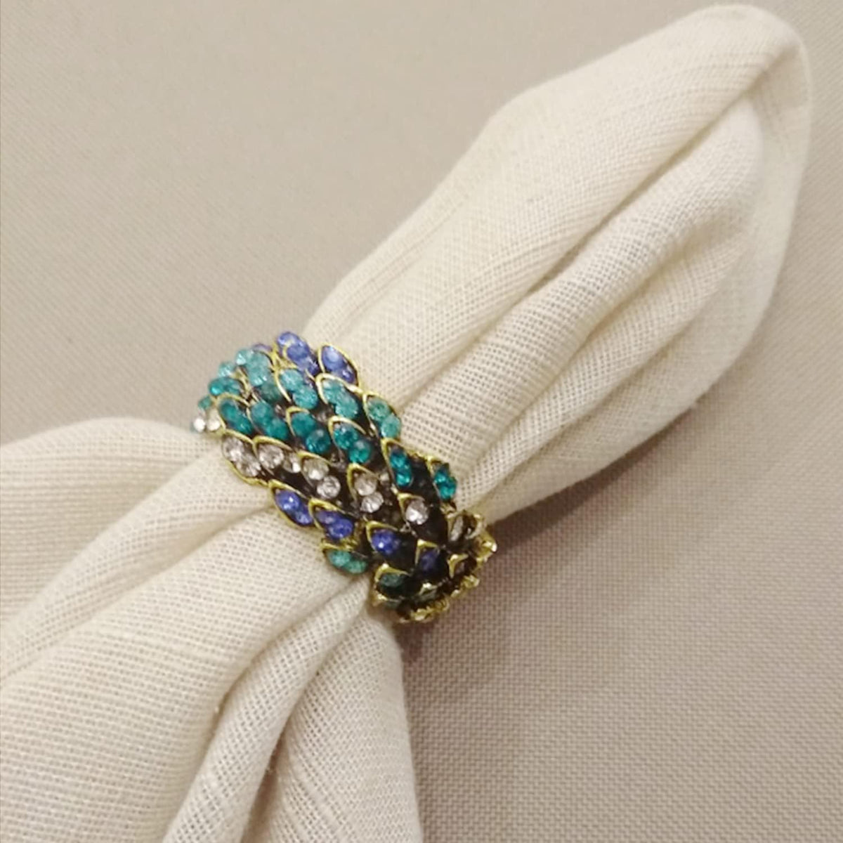 Jeweled Napkin Rings Set of 6 - Vintage Metal Crystal Rustic Peacock Napkin Ring Holders for