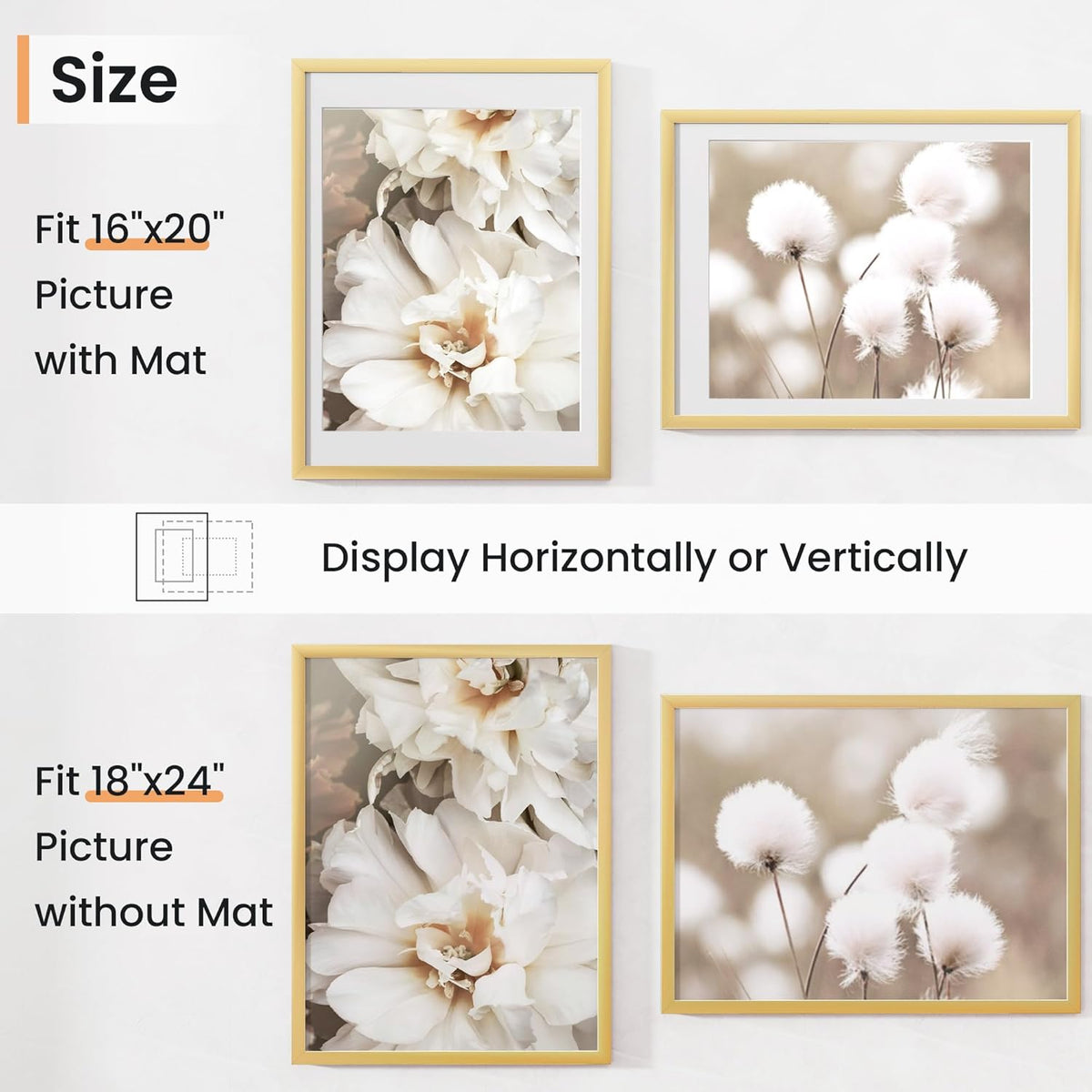 18x24 inch Picture Frame, 18x24 Photo Frames with 16x20 Removable Mat - High Definition Plexiglass