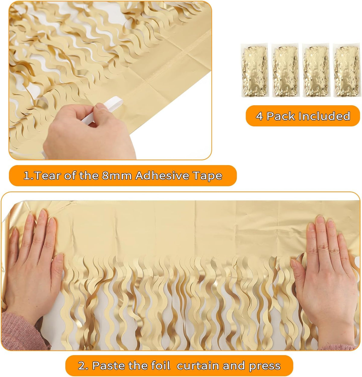 4 Pack Wavy Champagne Gold Metallic Tinsel Foil Fringe Curtains Backdrop - 3.3X6.6ft Foil Fringe