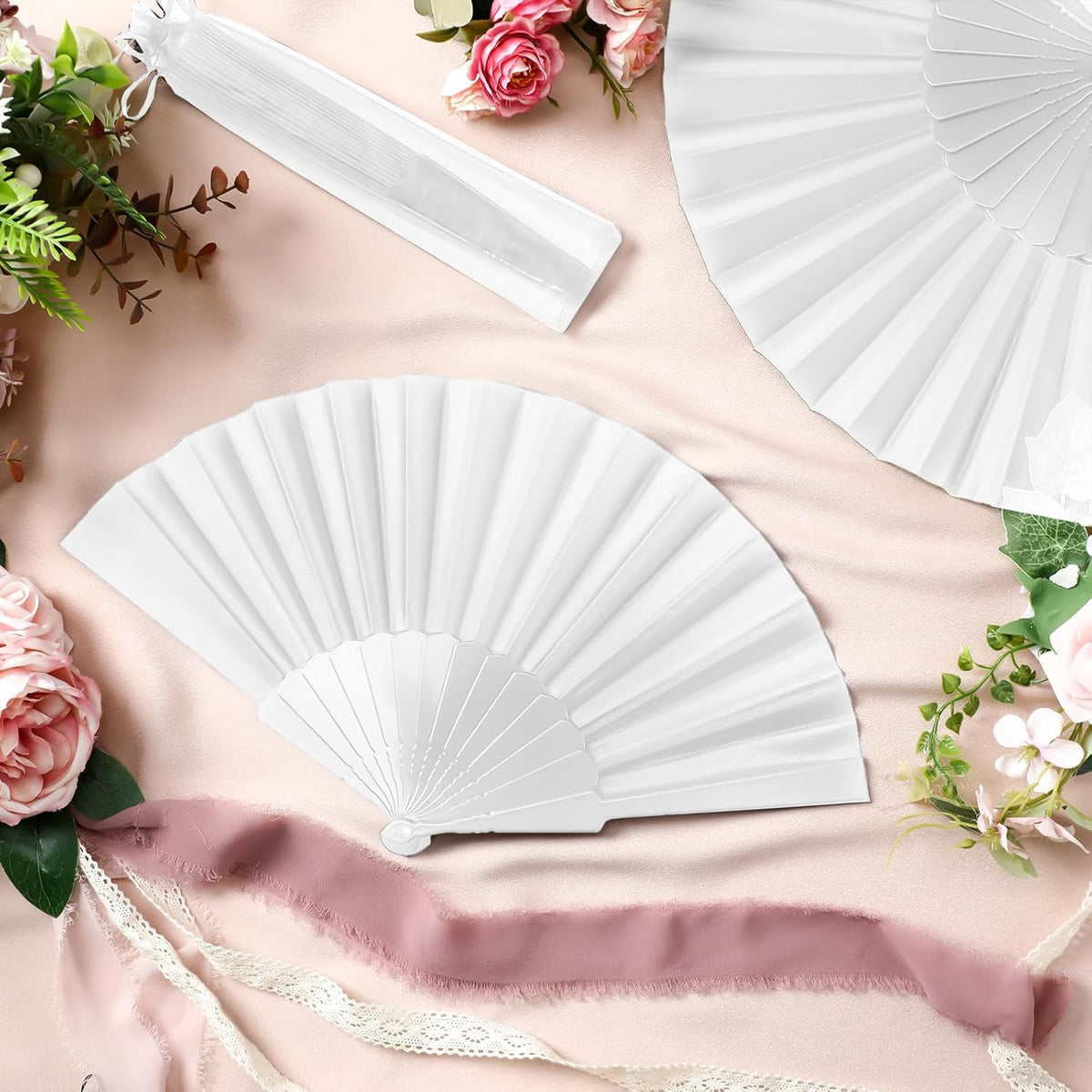 Wenqik 120 Pcs Wedding Folding Hand Fans Bulk Silk Fabric Chinese Handheld Foldable Clack Fans with