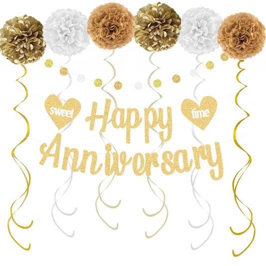 Happy Anniversary Decorations with Gold Happy Anniversary Banner, 18pcs