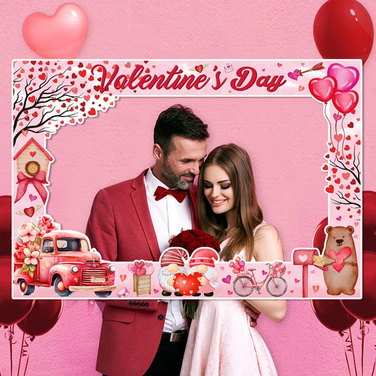 Valentine's Day Photo Booth Props Frame Pink Heart Valentine's Day Theme Selfie Photo Booth Picture