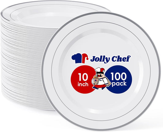 JOLLY CHEF 100 Pieces Silver Plastic Plates, 10 Inch Elegant Disposable White with Silver Rim