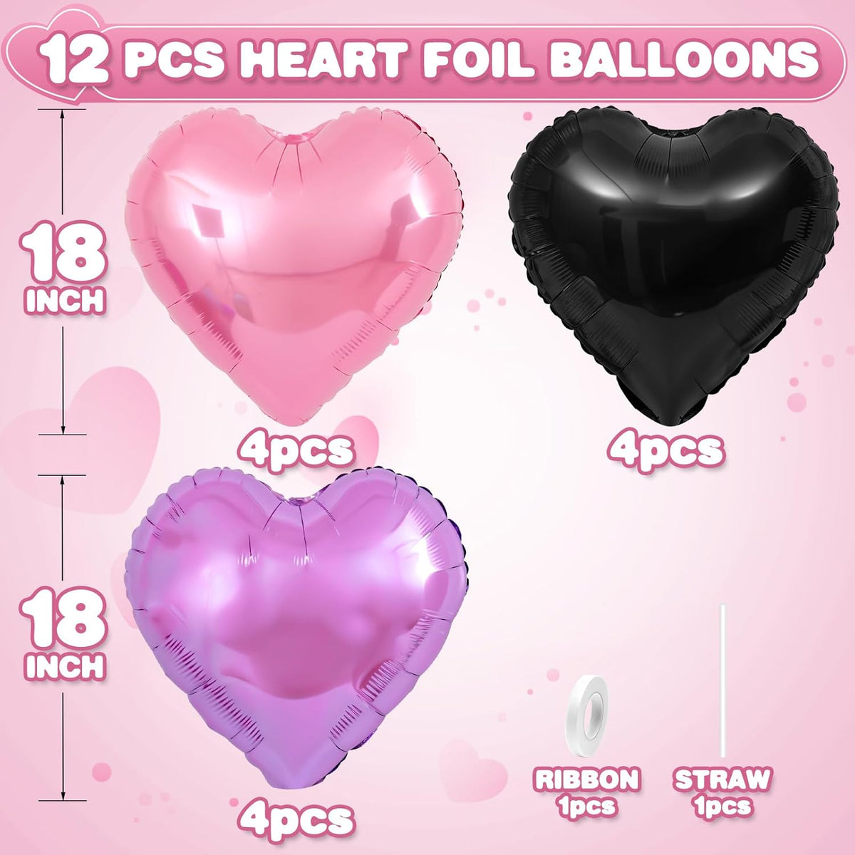 Pink Purple Heart Balloons,12Pcs Black Pink Heart Shaped Foil Balloons,18Inch Purple Pink Helium