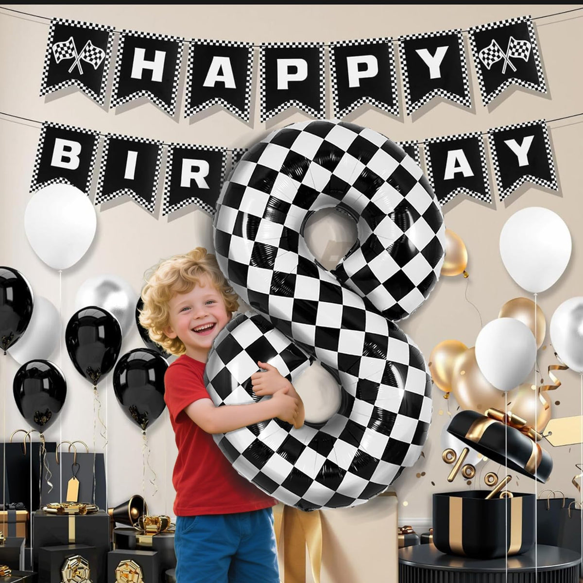40 Inch Checkered Number 8 Balloon - Race Flag Pattern Big Helium Balloon for Birthday Party