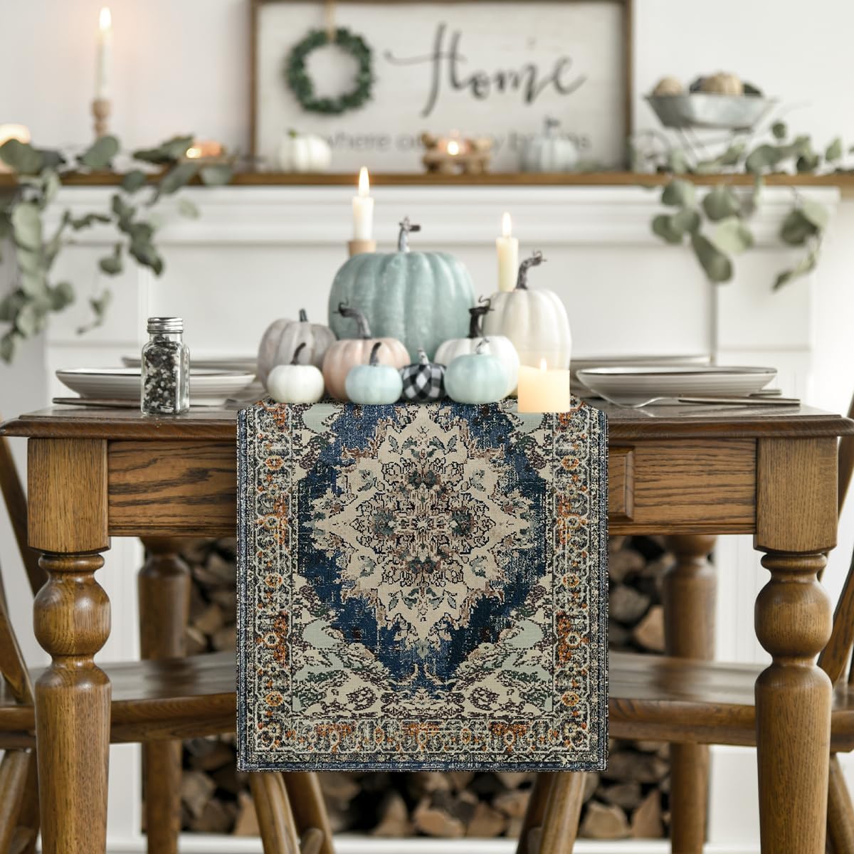 Artoid Mode Boho Bohemia Style Black Table Runner, Country Rustic Farmhouse Magical Fall Kitchen