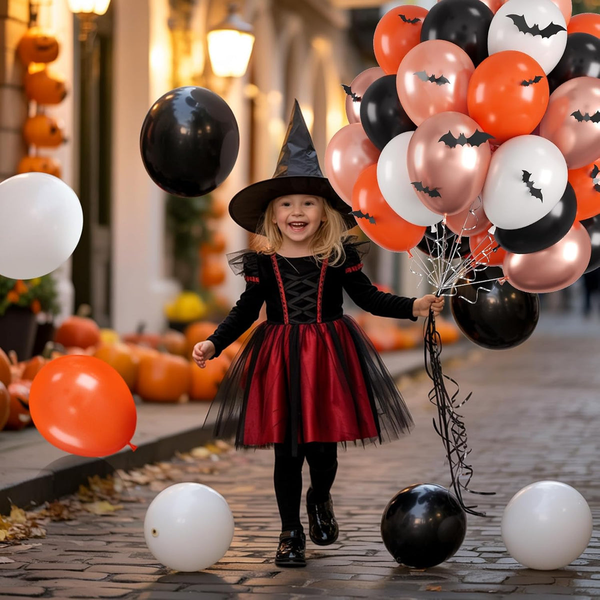 Halloween Balloons, 60PCS Black Orange Balloons, Black Orange White Rose Gold Balloon with 4