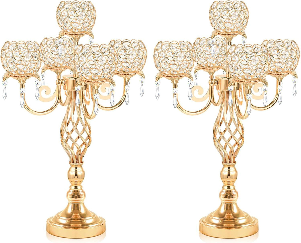 5-Arm Crystal Candelabra Centerpiece 23.2" Tall - Elegant Candle Holder Stand with Crystal Bowl