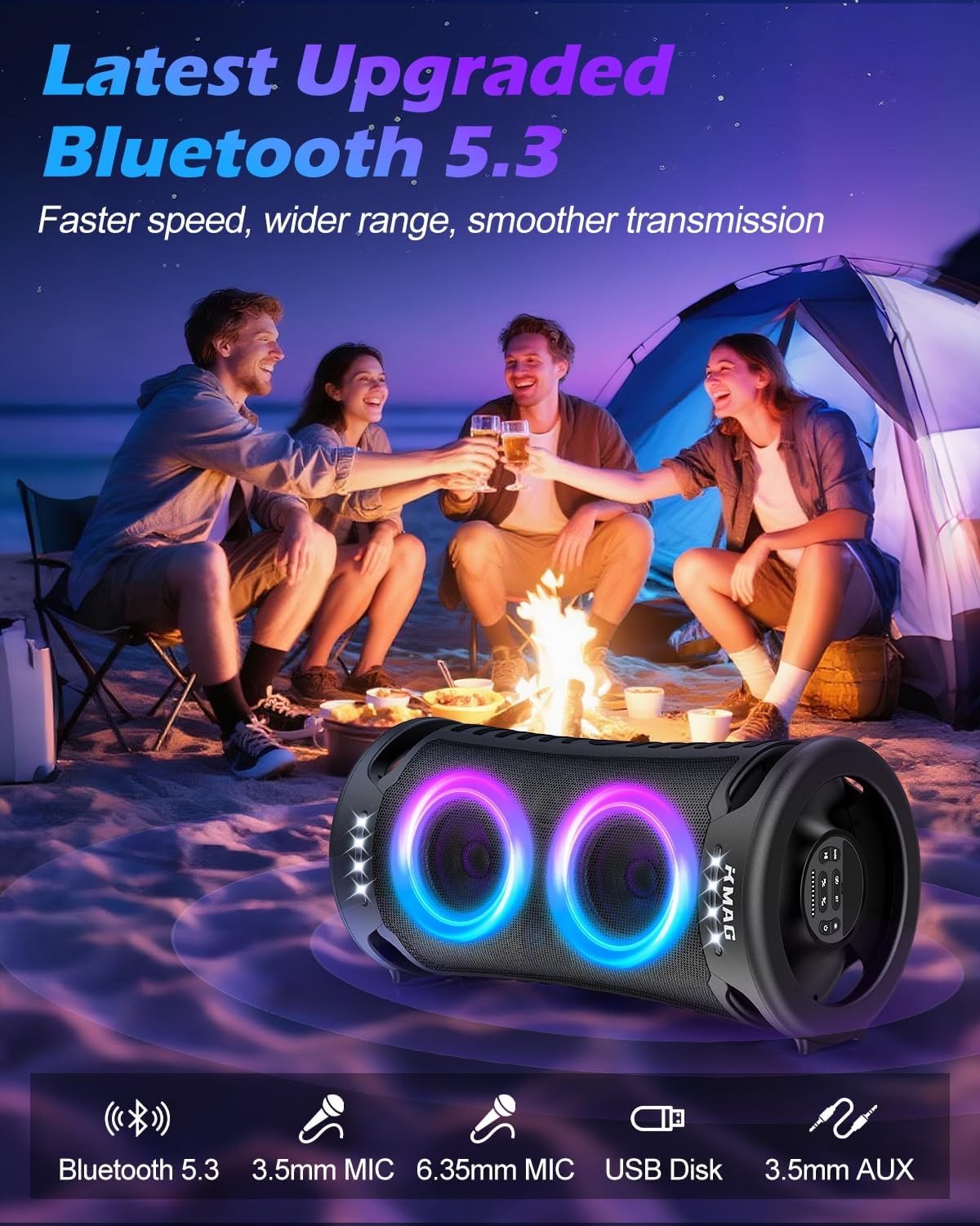 Large Bluetooth Speaker, 260W Peak Powerful Loud Sound with Deep Bass, 15Hr Playtime, Fast Charge