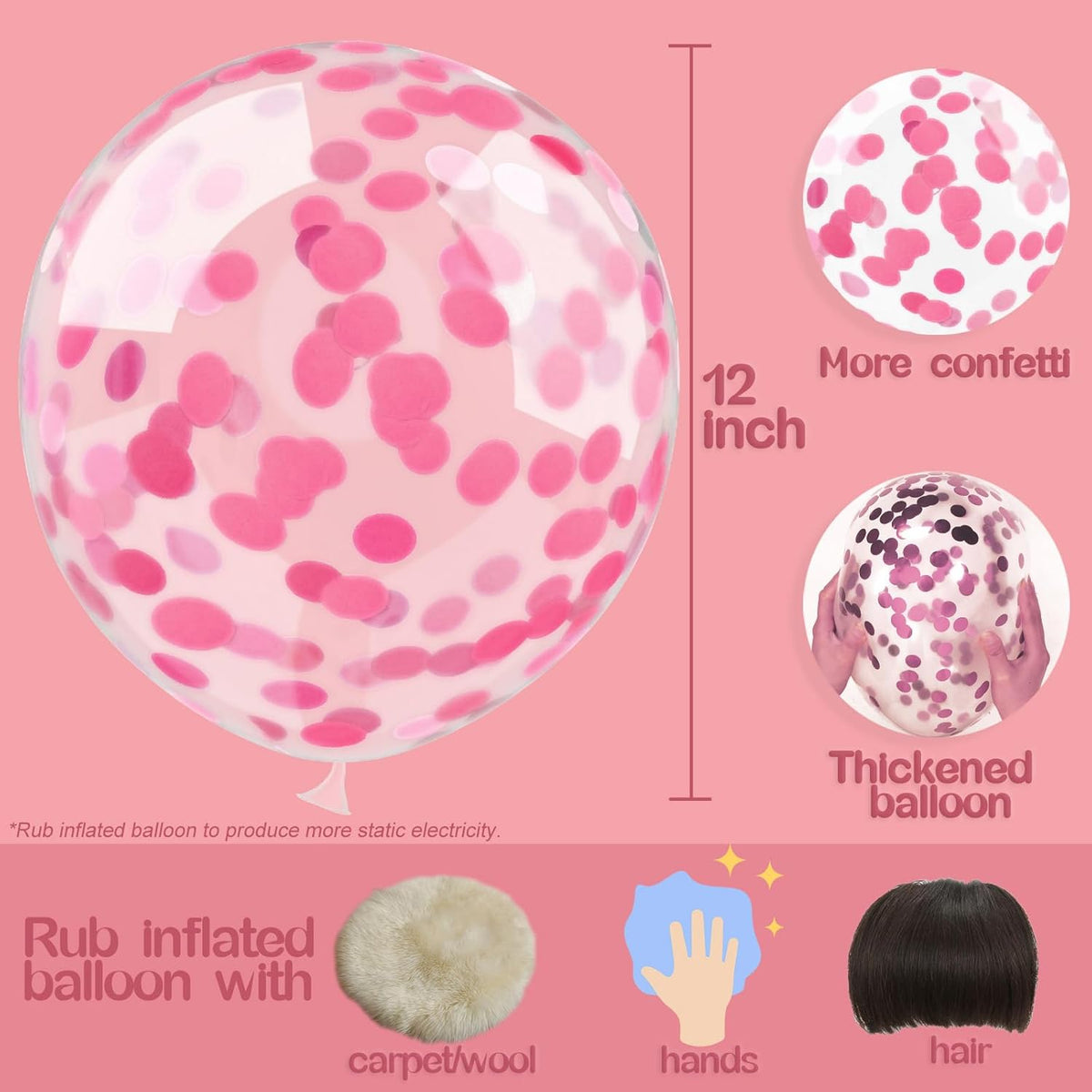 Pink Confetti Balloons, 25 Pcs Thickened 12 Inch Clear Latex Balloon with Confetti Inside for