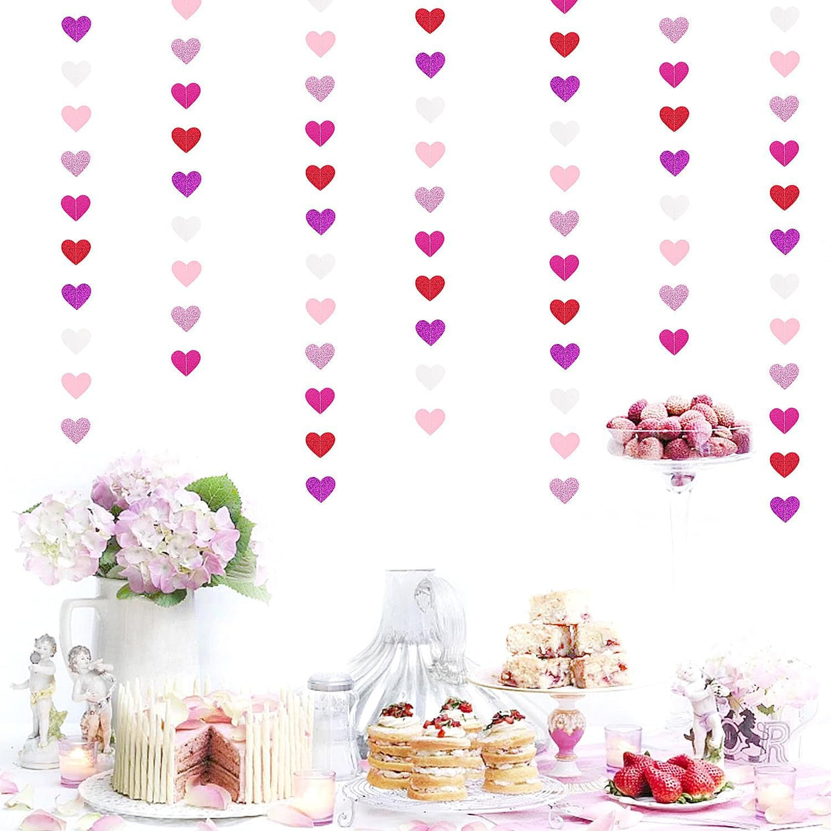 Purple Hot-Pink Red Party-Decoration Heart-Garland - 52ft Galentines Hanging Paper Streamers