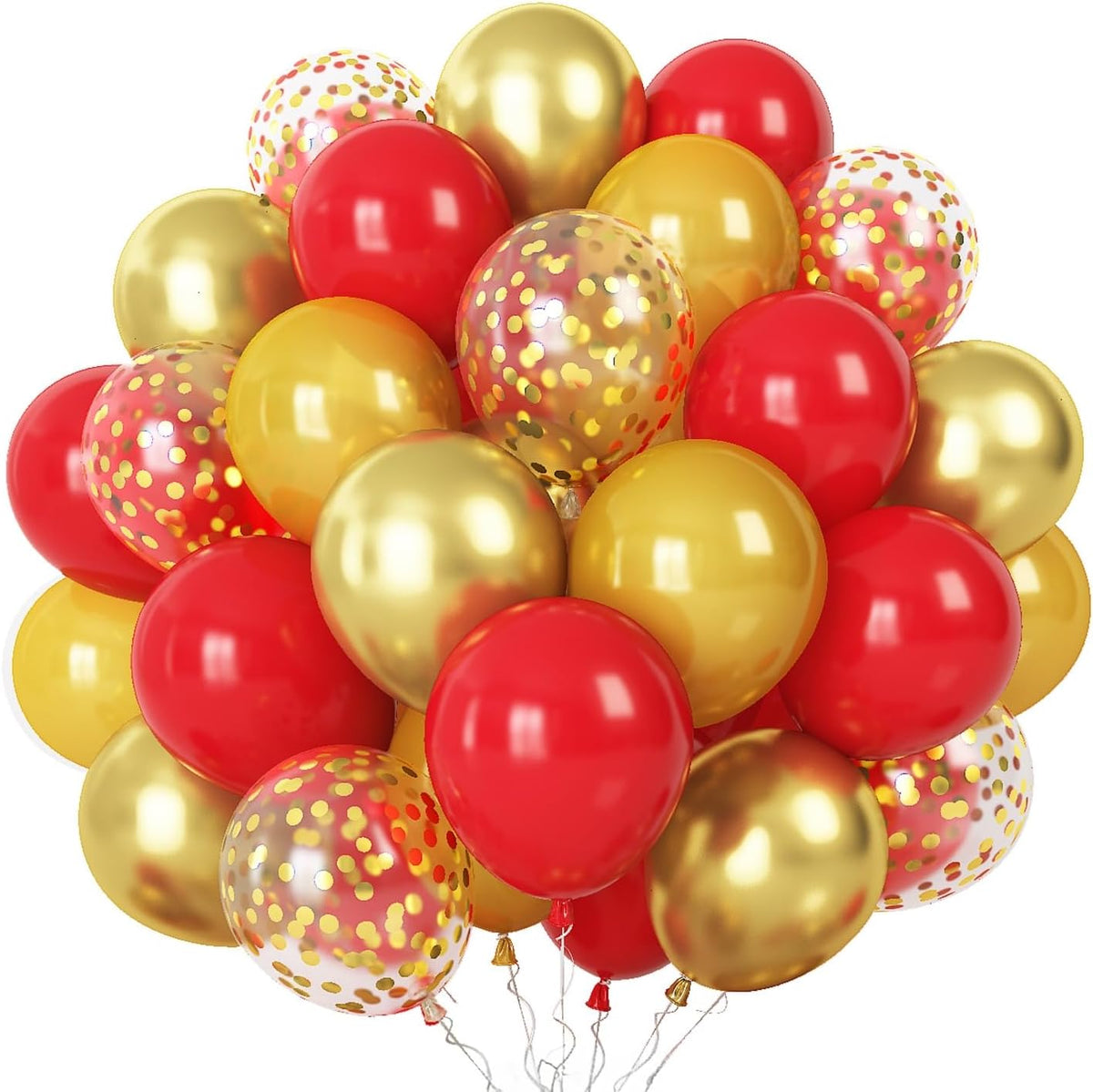 60 Pieces Balloons Red and Gold, 12 Inch Ruby Red Metallic Chrome Gold Pearl Gold Confetti Latex