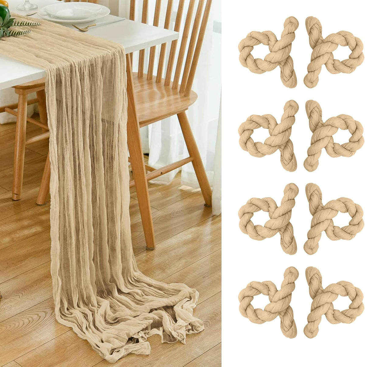 8 Pack 10Ft Beige Boho Gauze Cheesecloth Table Runner Long Wrinkled Sheer Romantic Table Cloths for