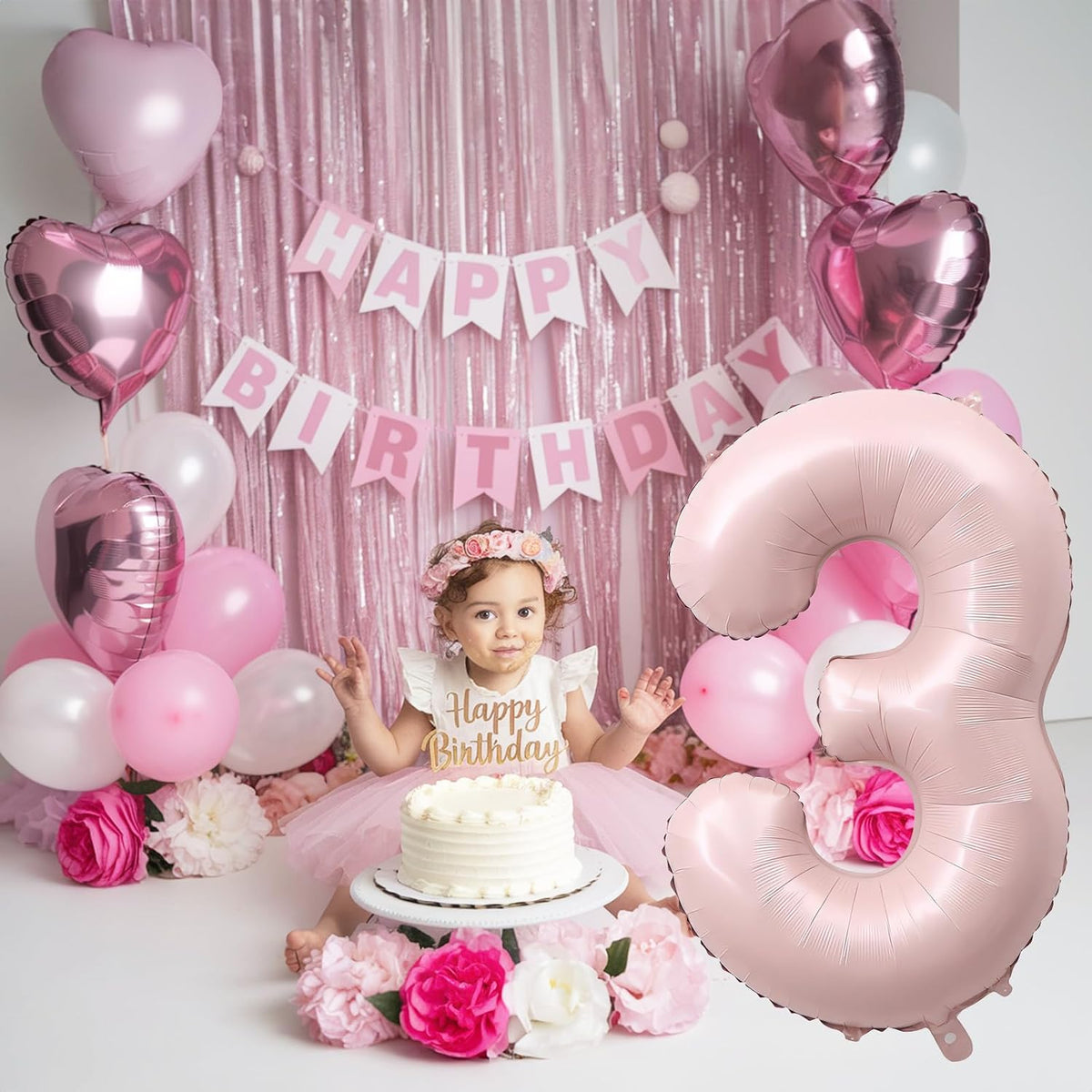 Pink Number 3 Balloon, 40 Inch Giant Pastel Light Pink Number Balloons 0-9 for Girls, Self