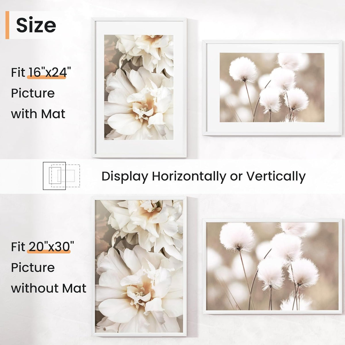 20x30 inch Picture Frame, 20x30 Photo Frames with 16x24 Removable Mat - High Definition Plexiglass