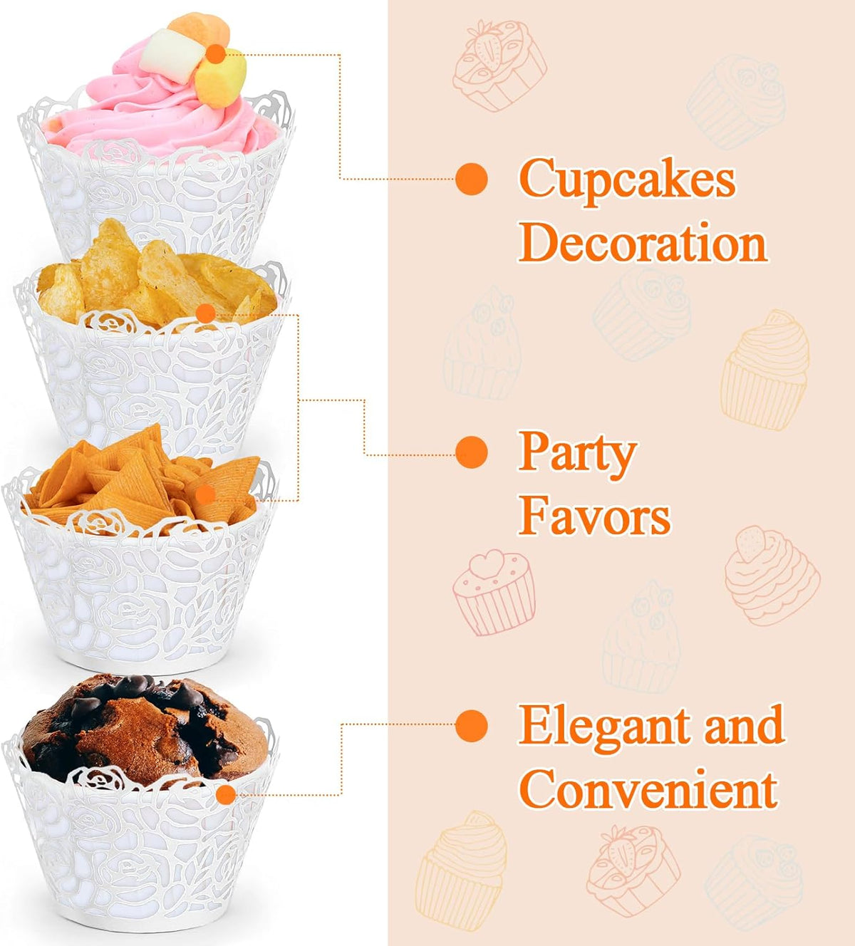 GWHOLE White Cupcake Wrappers, 50pcs Cupcake Liners with Rose Design Laser Cut Liners for Wedding