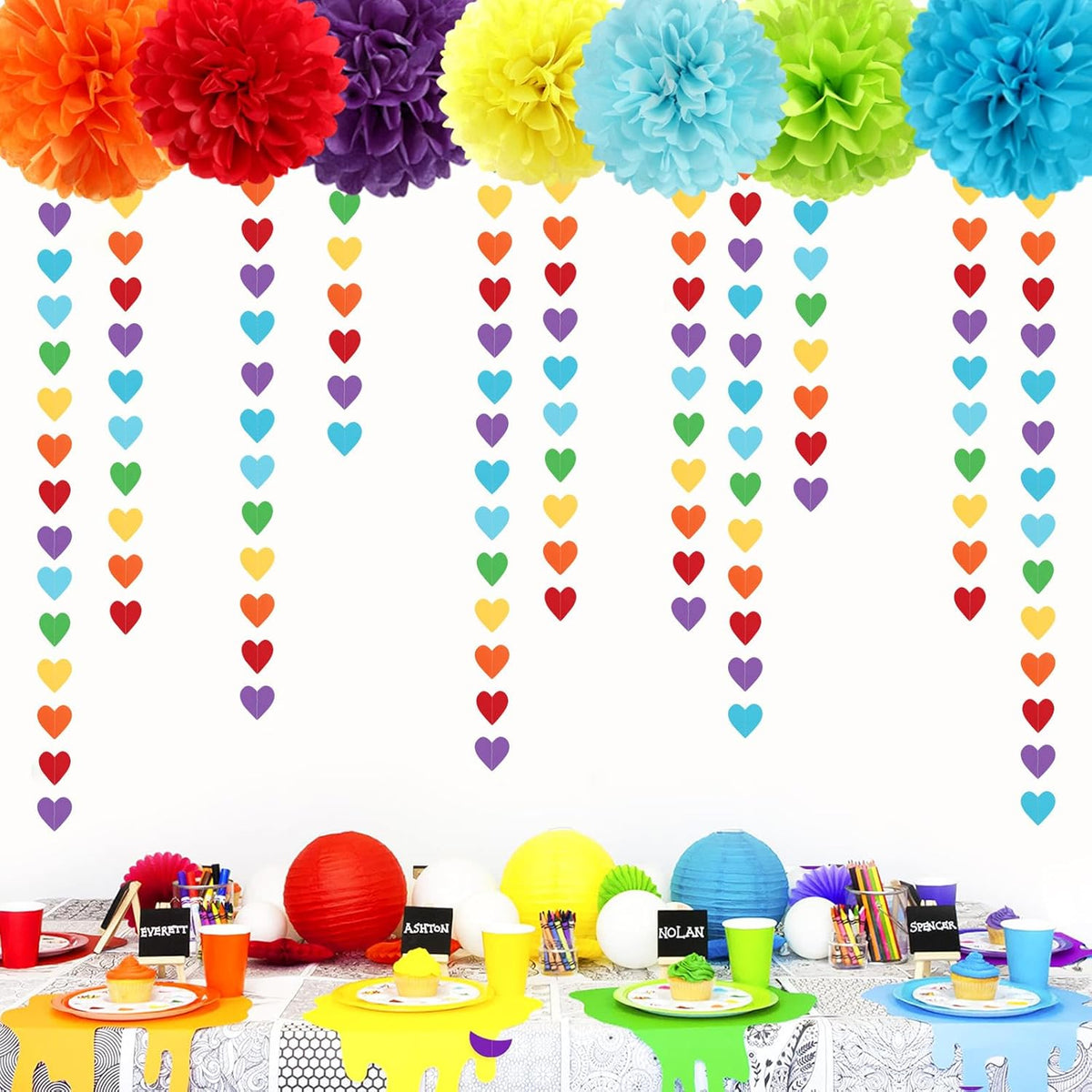 Rainbow Colorful Party-Decorations Heart Garland - 52ft Red Orange Yellow Green Blue Purple