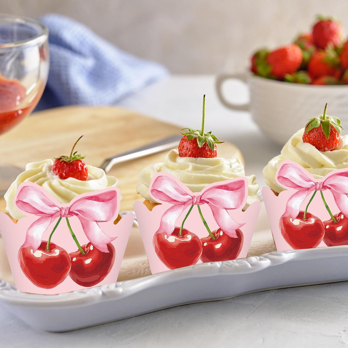 36Pcs Pink Bow Cherry Cupcake Wrappers Pink Red Bowknot Cherry Cupcake Liners Sweet Decorative