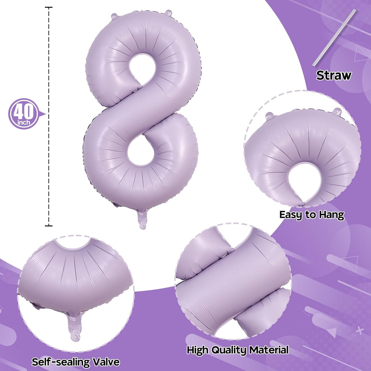 Light Purple Number 8 Balloons, 40 Inch Giant Dusty Pastel Purple Mylar Foil Number 8 Ballon for