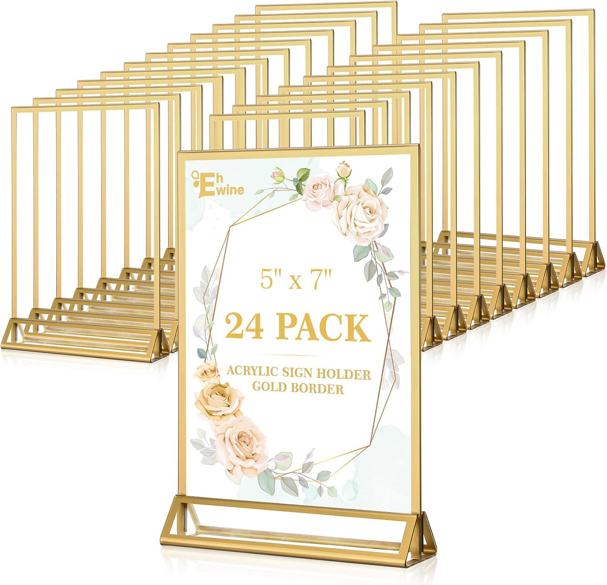 EHWINE 24 Pack Acrylic Sign Holder 5 x 7, Double Sided Gold Picture Frame Stand up Table Top Sign