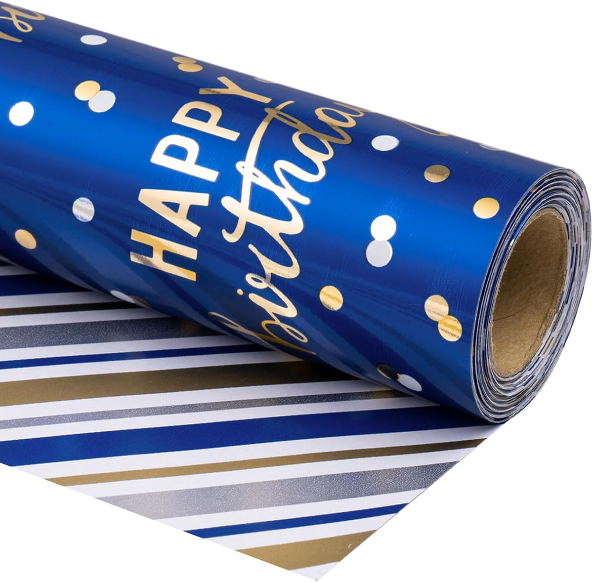 LeZakaa Reversible Blue Birthday Wrapping Paper Roll for Boys Men, Happy Birthday Lettering &