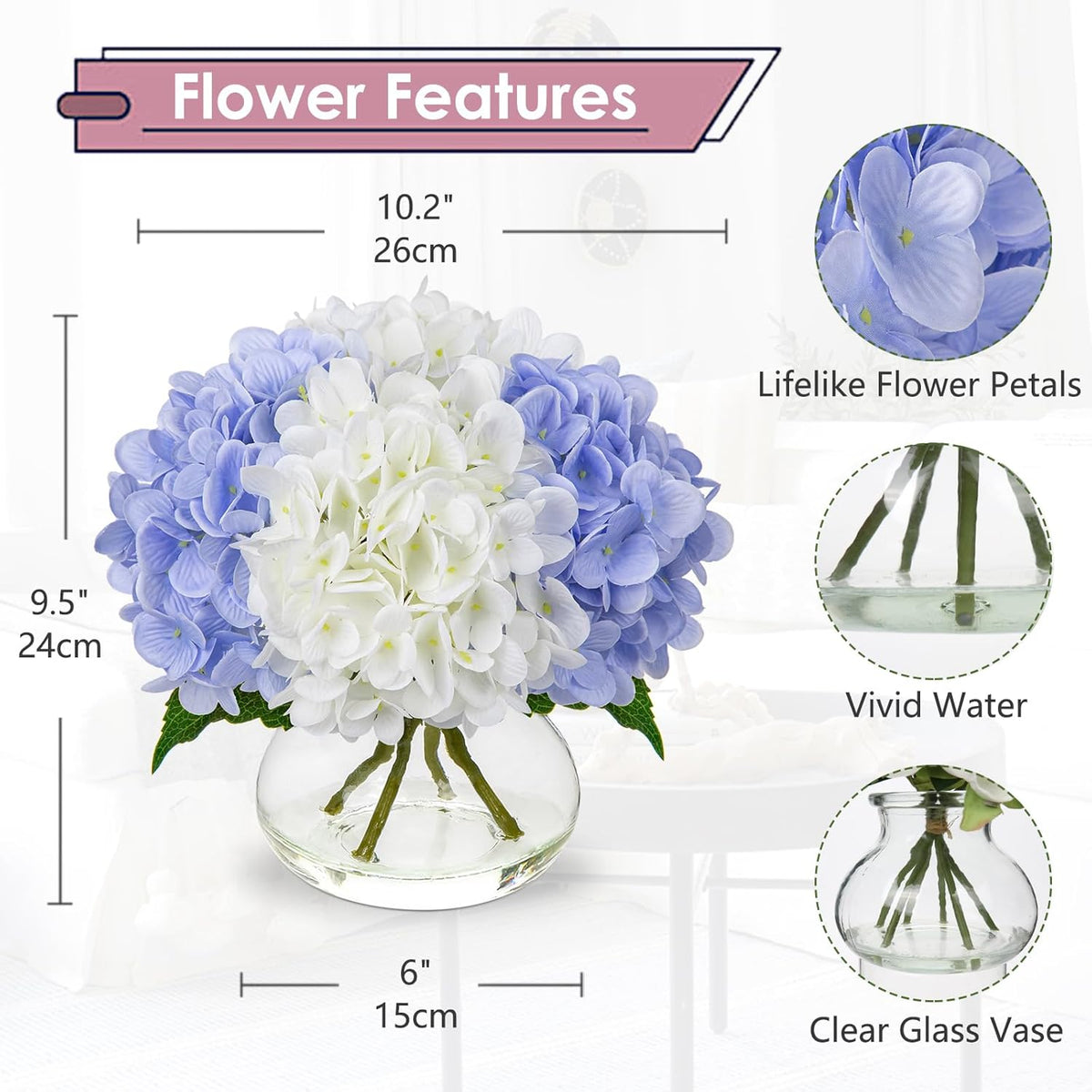 Hollyone Hydrangea Artificial Flowers with Vase White & Blue Silk Fake Flowers Arrangements in