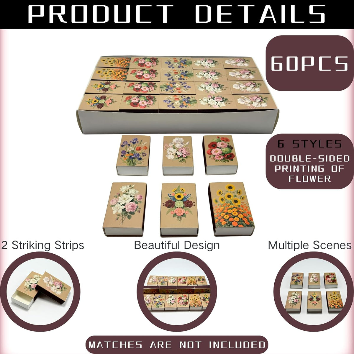 60pcs Flower Match Boxes, 2.25x1.42x0.59in Bulk Fall Spring Floral DIY Light Brown Storage