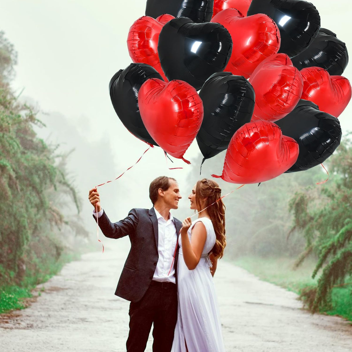 TONIFUL 30Pcs 18 Inch Red Black Heart Balloons Valentine’s Day Heart Shape Foil Mylar Balloons