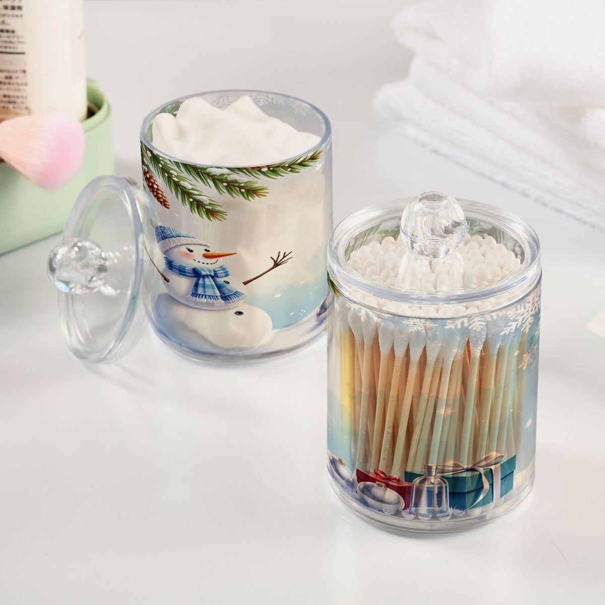 Gredecor Christmas Winter Qtip Holder Dispenser 2 Pack Snowman Snowflake Pine Cones Gifts Bathroom
