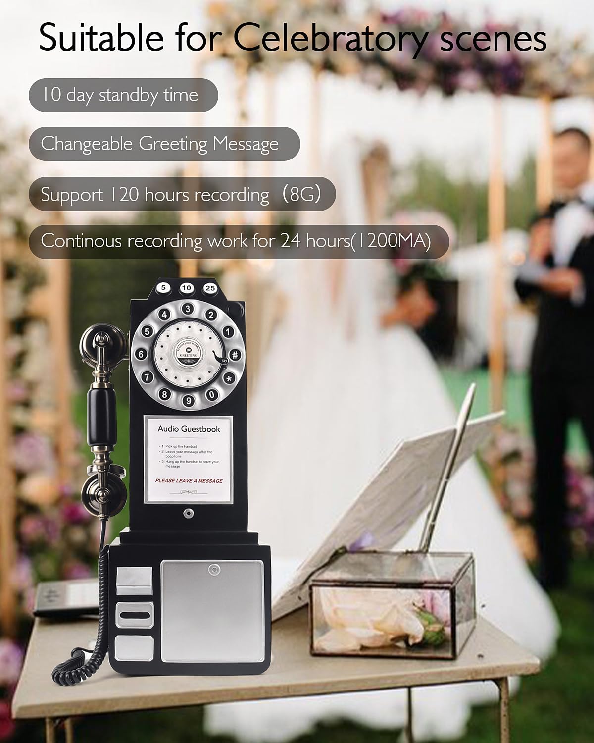 Audio Guest Book Wedding Phone with Vintage Design, Record Customized Audio Message Guest Book for
