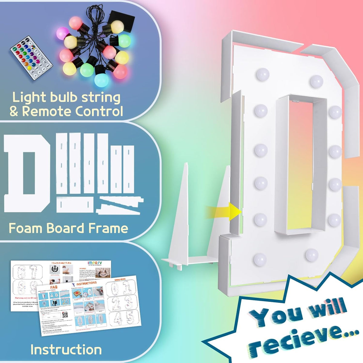 4FT Colorful Marquee Light Up Letters D, 18 Colors Light Up Alphabet Signs with Remote, Marry Me
