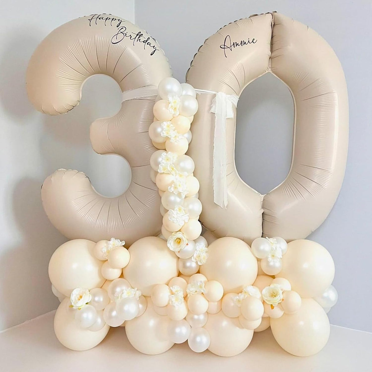 40 Inch Beige Numbers Balloons 3, Large Self Inflating Cream White Digit 3 Helium Balloons for 3rd