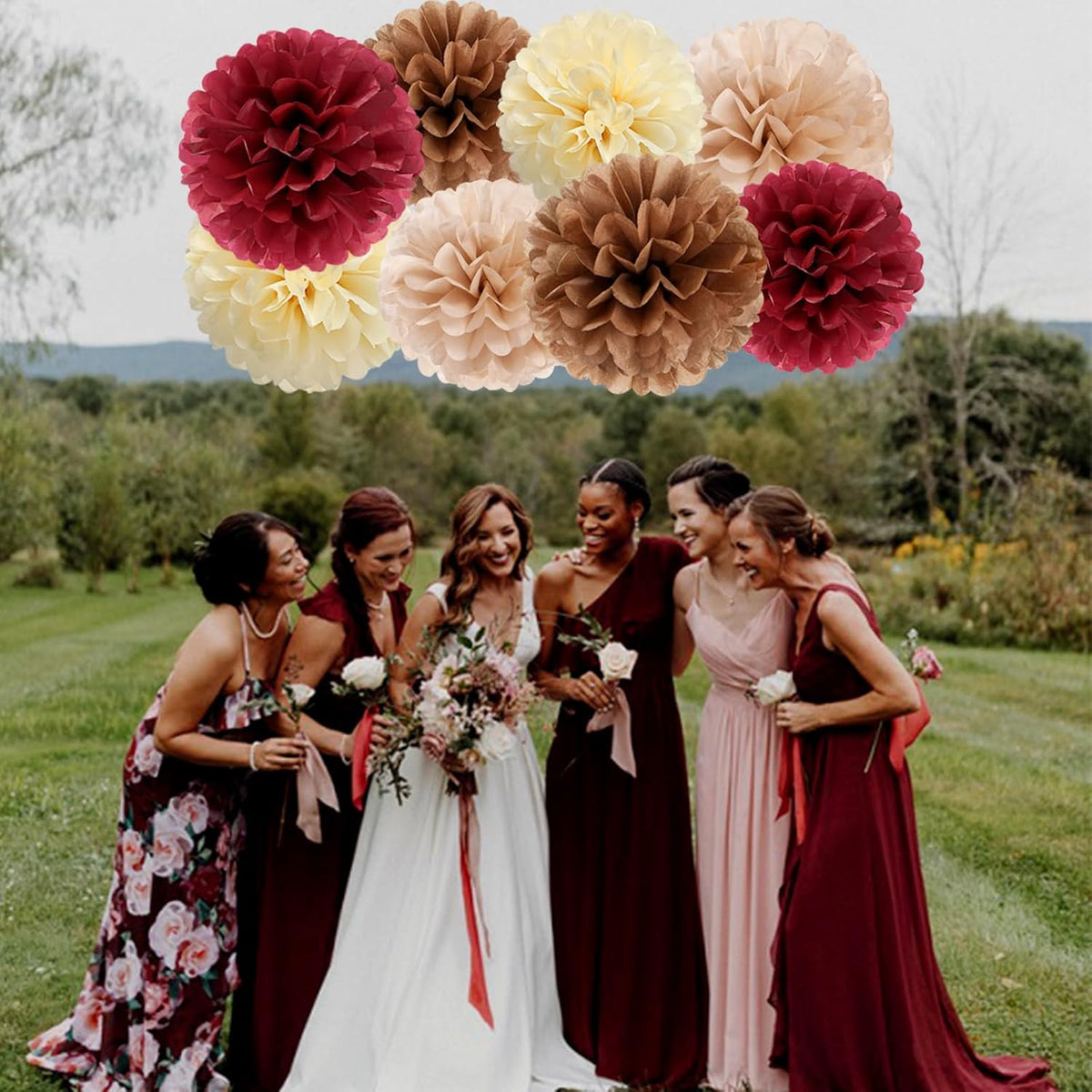 Brown Burgundy Champagne-Gold Party-Decorations - 30pcs Rustic Boho Wedding Tissue Pom-Poms