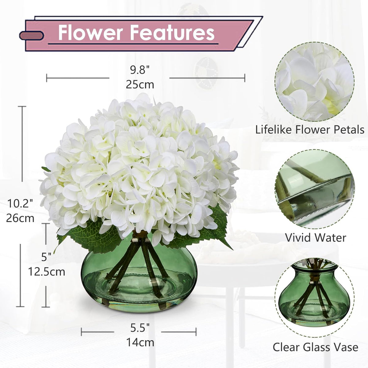 Hollyone White Hydrangeas Floral Arrangement in Glass Vase Artificial Flowers with Vase with Faux