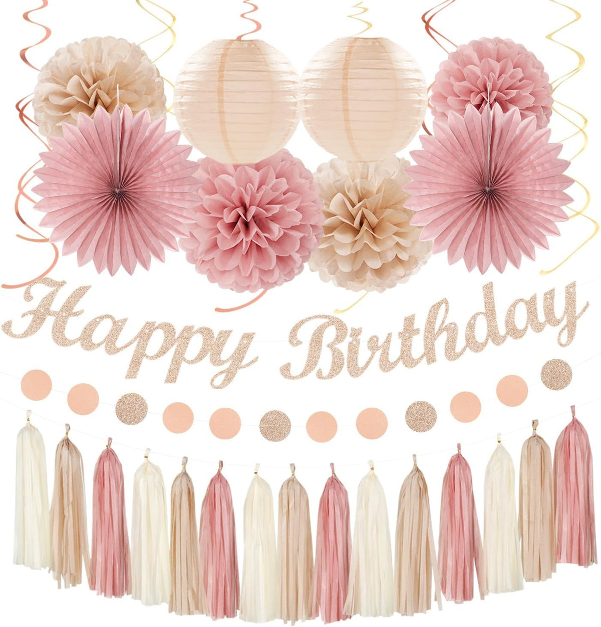 Blush-Pink Champagne Beige Happy-Birthday Party-Decorations - 31pcs 15th Women Girls Paper Lanterns