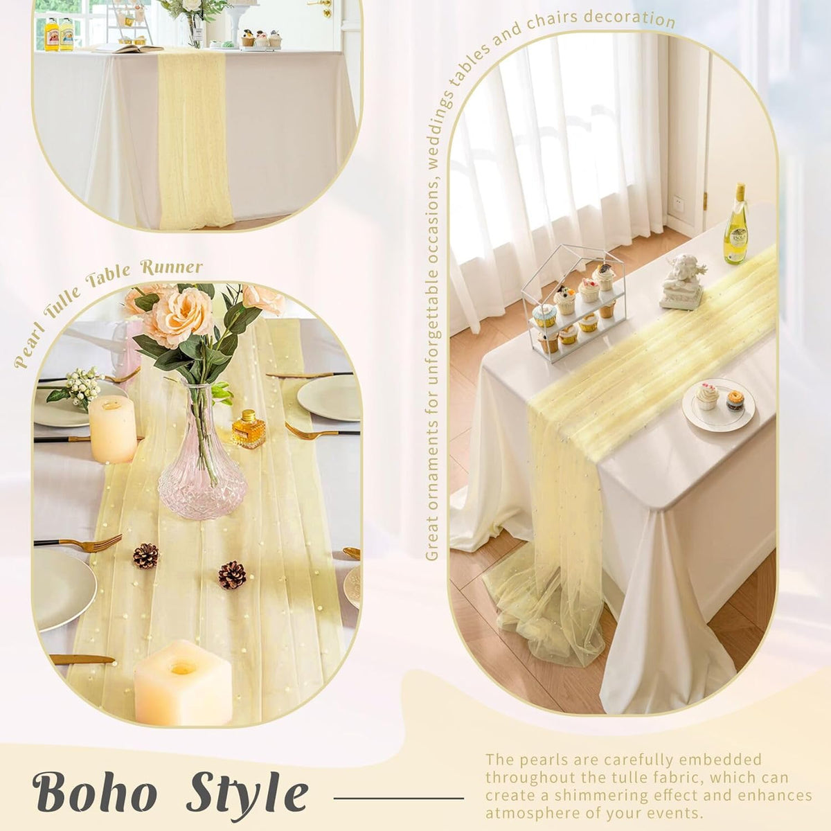 Set of 6 Pearl Table Runner 29 x 120 Inch Tulle Fabric Lace Table Runners Boho Rustic Tablecloth
