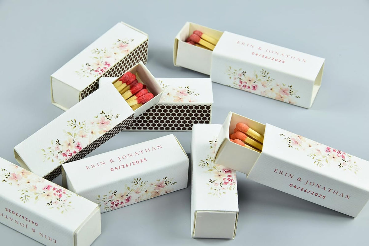 10 Boxes - Customized Matchboxes Colorful Tips (Wedding Design #5, 4" Matchboxes) (2" Matchsticks