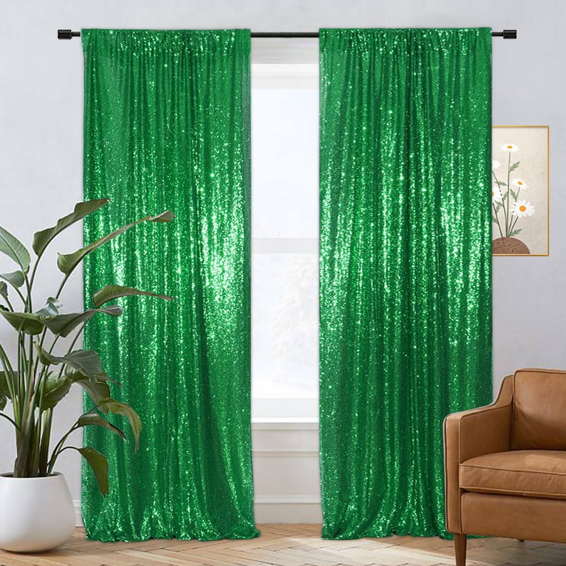 Eternal Beauty Sequin Backdrop Curtains, 2x8 Ft-2 Panels Green Back Drop for Shimmer Photography